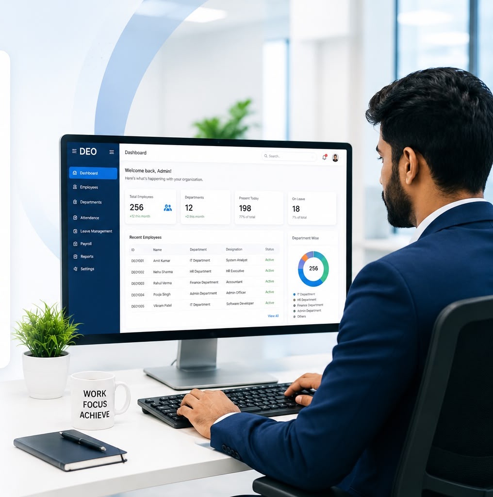 Employee working at a computer with an employee management dashboard